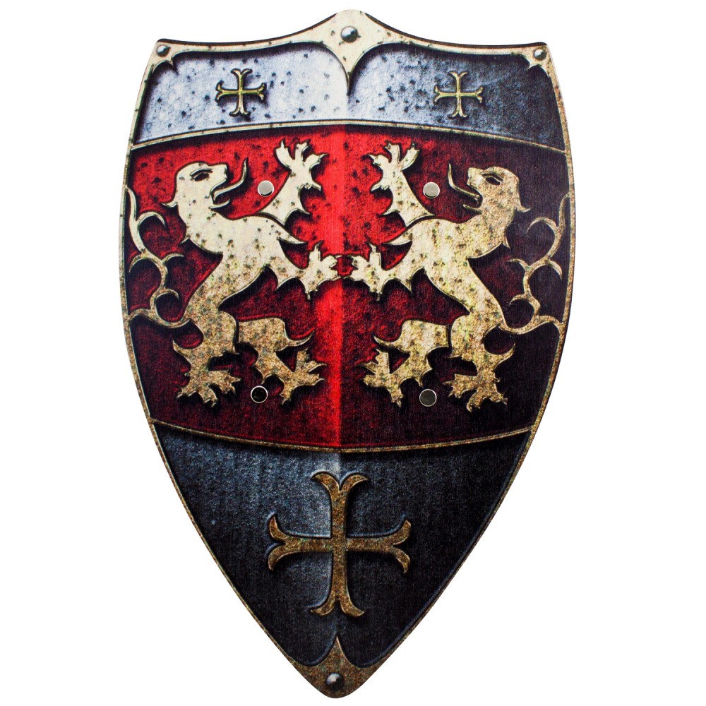 Ritterschild Holz, 49x32cm, mit Löwen Motiv mit Ledergriff von